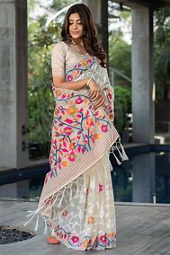 Cream Bonolata Jamdani Saree With Floral Weave